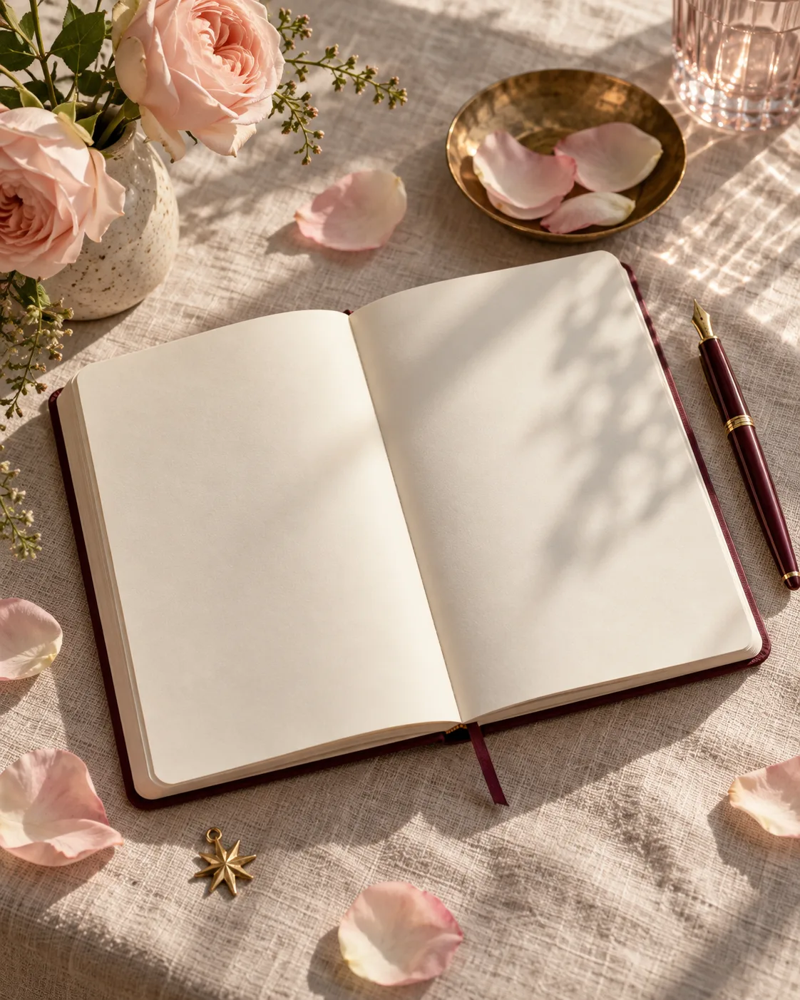 An open blank journal in warm sunlight